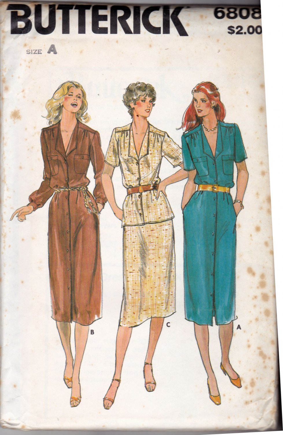 Butterick 6808 Pattern uncut 8 10 12 Button Front Dress Top A-Line Skirt