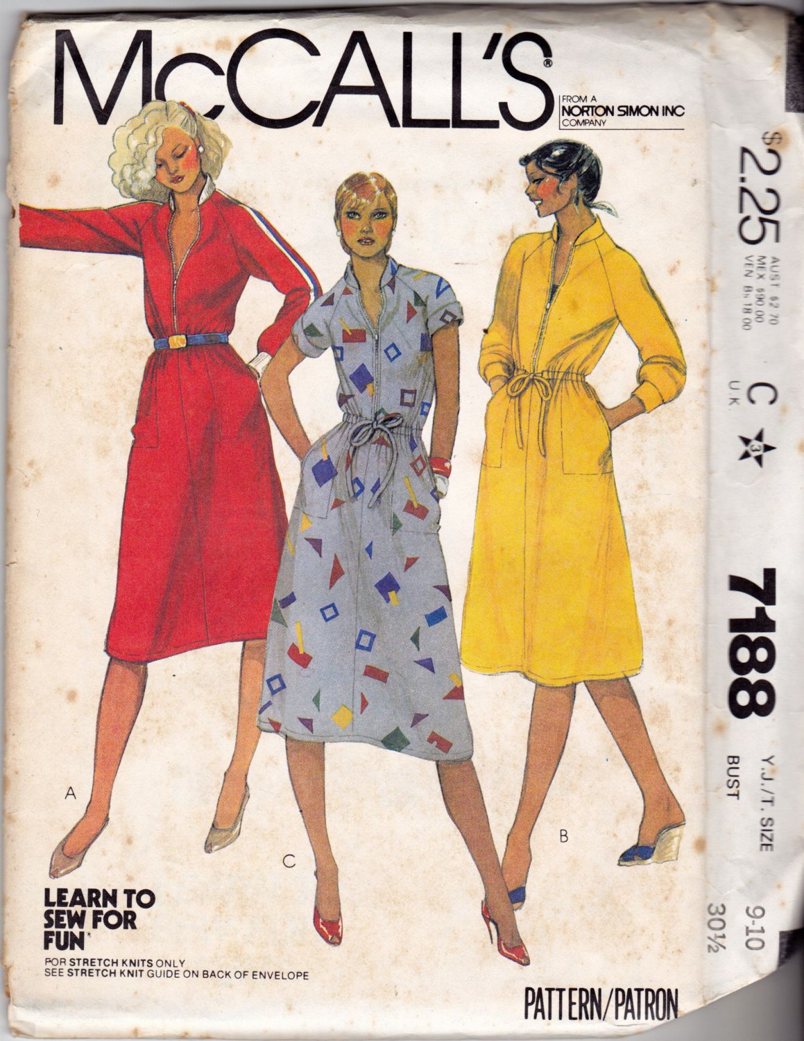 McCall's 7188 Pattern uncut 9-10 Bust 30.5 Knit Dress Zip Front Big Pockets