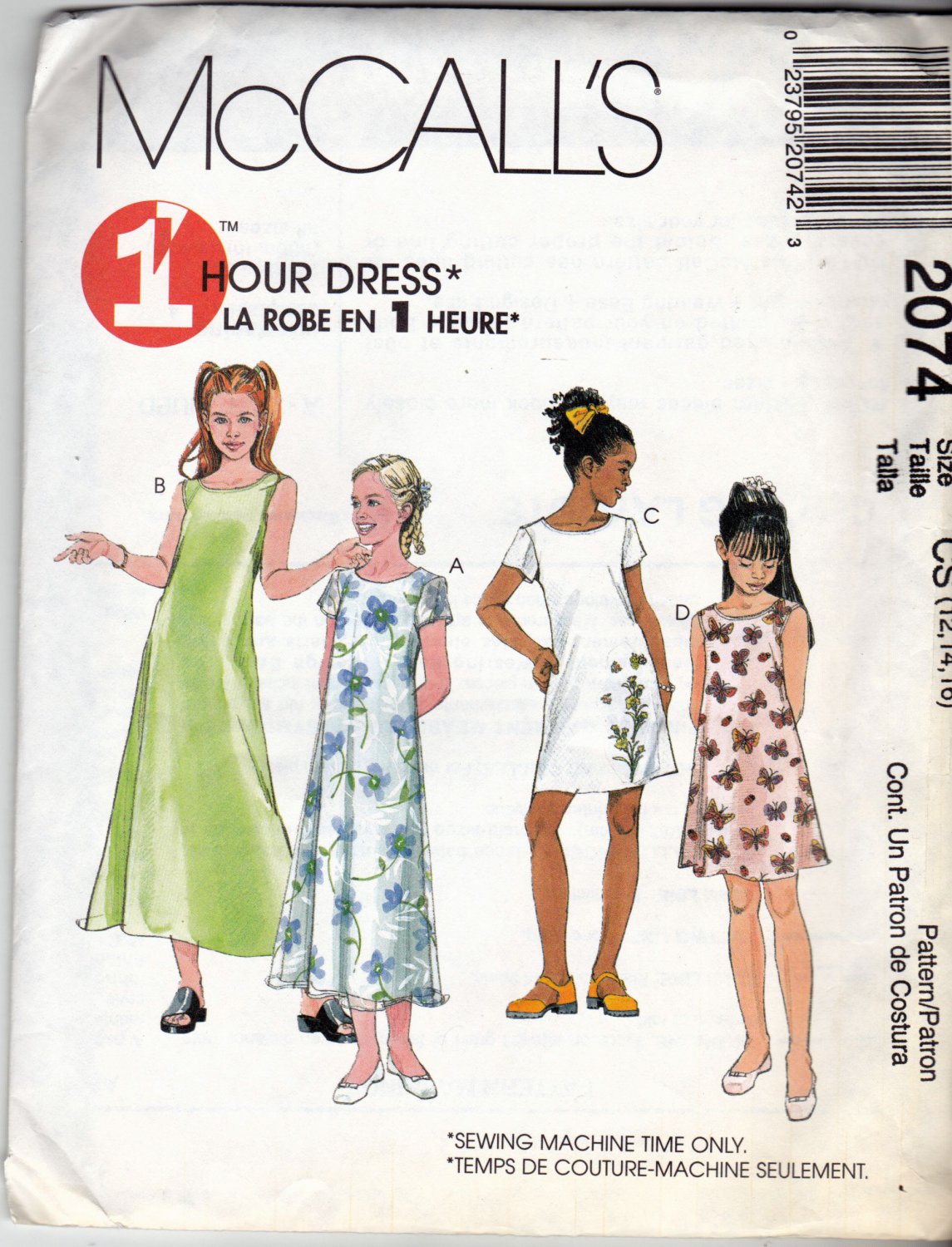 McCall's 2074 Pattern uncut Girls 12 14 16 Sleeveless or Short Sleeve Dress