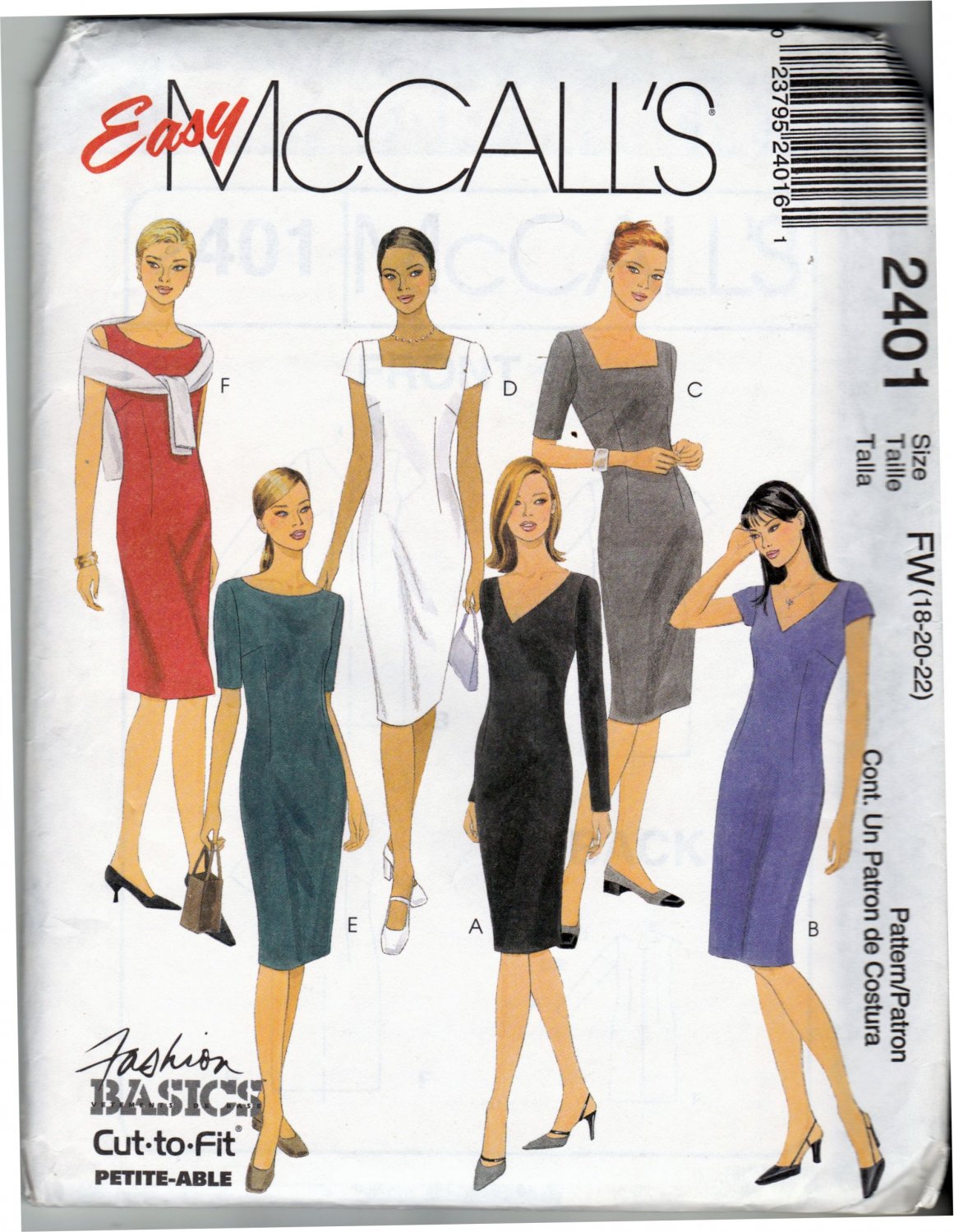 McCall's 2401 Pattern uncut 18 20 22 Sheath Dresses Darts Neckline and Sleeve Variations