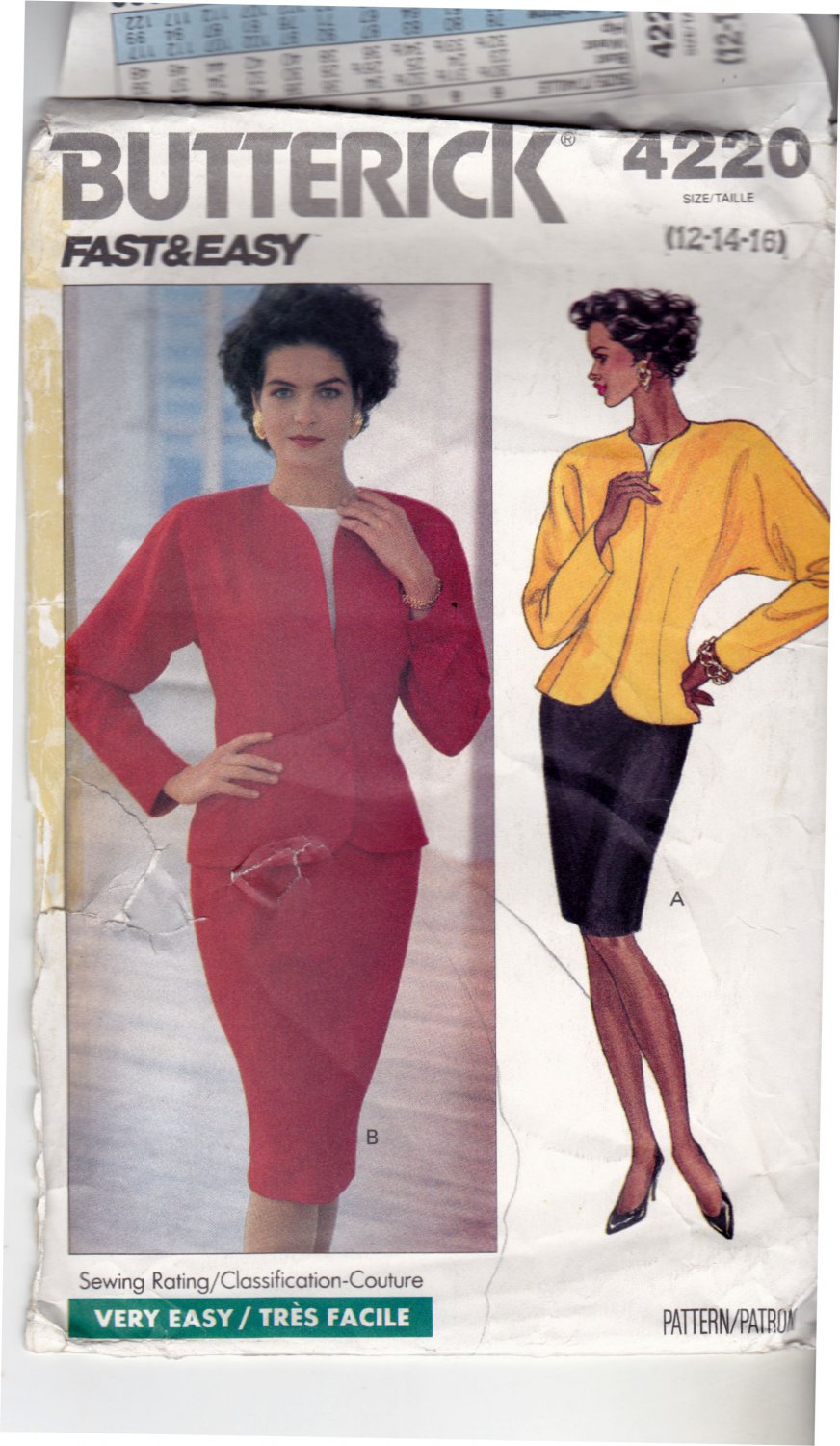 Butterick 4220 Pattern uncut 12 14 16 Unlined Jacket Shoulder Pads Tapered Skirt Pullover Blouse