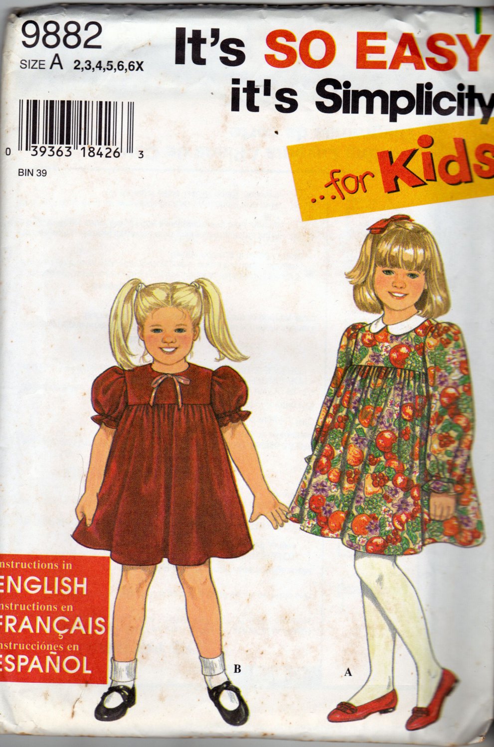 Simplicity 9882 Pattern uncut Girls Toddlers 2 3 4 5 6 6X Dress Gathered to Yoke Peter Pan Collar