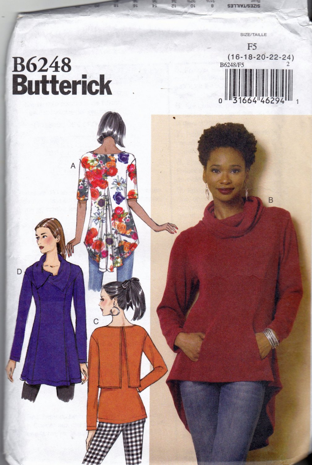 Butterick B6248 Pattern uncut 16 18 20 22 24 Tunic Back Godet Shaped Hem Pockets
