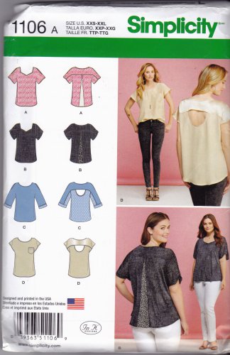 Simplicity 1106 Pattern uncut XXS - XXL Tops with Fabric Variations In K Designs