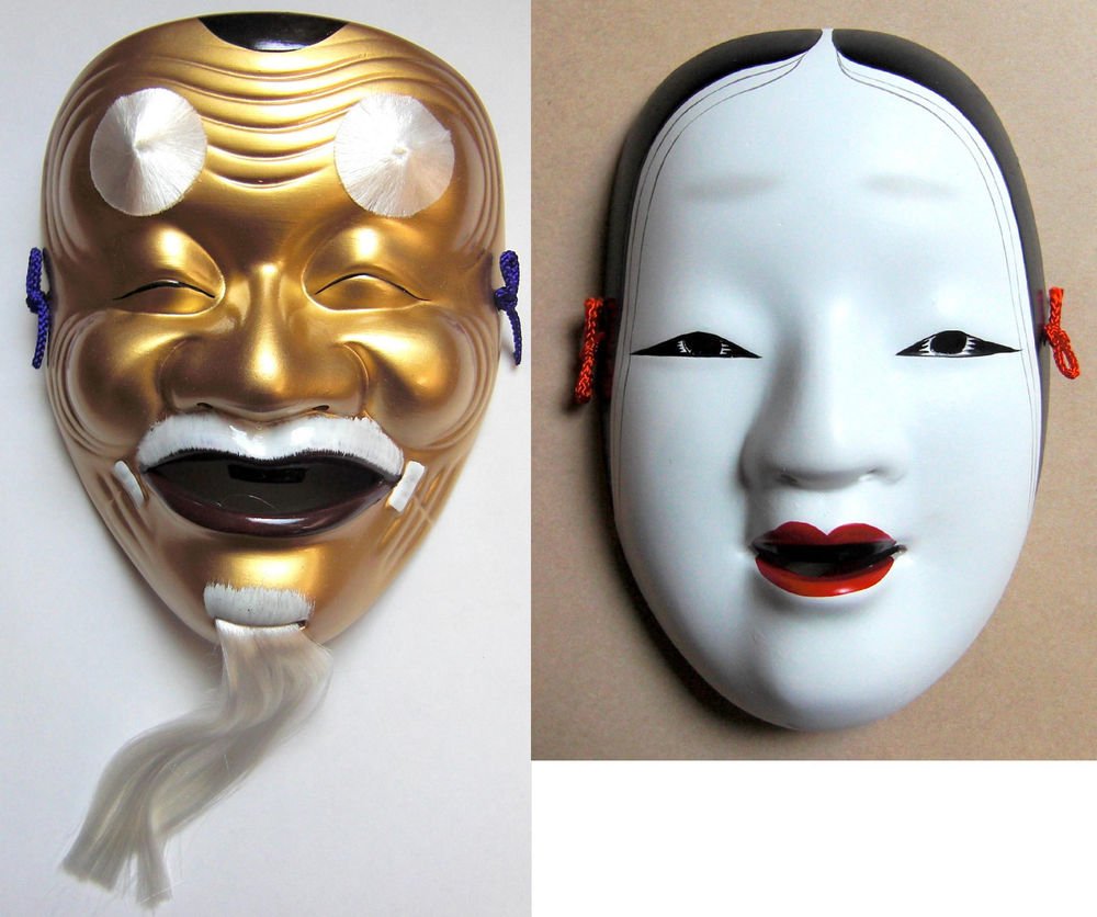 Japanese Traditional Noh Mask Set. OKINA, ZO-ONNA Noh-Men