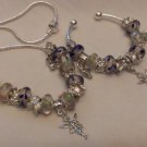 .925 Sterling Silver Blue Glass Bead & Fairy Charm Bracelet & Necklace Set #CH11