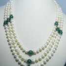 Triple Strand Fresh water Pearls and Green Agate Necklace #N135