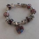 .925 Silver Purple Glass Bead & Heart Charm BRACELET #CH24
