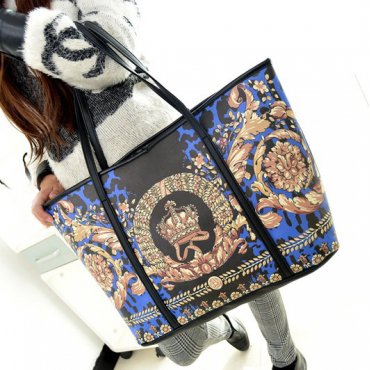 Fashion Print Zipper Blue PU Shoulder Bag