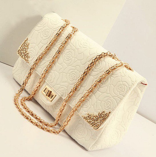 Fashion Women Hasp Designed Roses Embossed Metal Decorated Solid White PU Slanting Bag