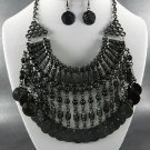 BLACK PLATED METAL 'BY ZANTINO' GREEK STYLE DANGLING NECKLACE SET. 17"L