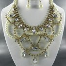 GOLD PLATED METAL BASE RHINESTONE AND PEARL NECKLACE SET. 17"L - 4"EXTEN