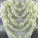 GOLD PLATED METAL 5LAYERED CREAM PEARL BALL NECKLACE SET. 18"L - 4"EXTENDER