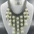 SILVER PLATED METAL MULTI PEARL DANGLING NECKLACE SET. 17"L - 3"EXTENDER...