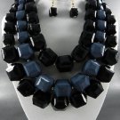 BLACK BASE TRI TONE BEADS CHUNKY NECKLACE SET. 18"L - 4"EXTENDER