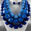 BLUE BASE TRI TONE BEADS CHUNKY NECKLACE SET. 18"L - 4"EXTENDER