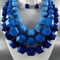 BLUE BASE TRI TONE BEADS CHUNKY NECKLACE SET. 18"L - 4"EXTENDER