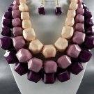 PURPLE BASE TRI TONE BEADS CHUNKY NECKLACE SET. 18"L - 4"EXTENDER