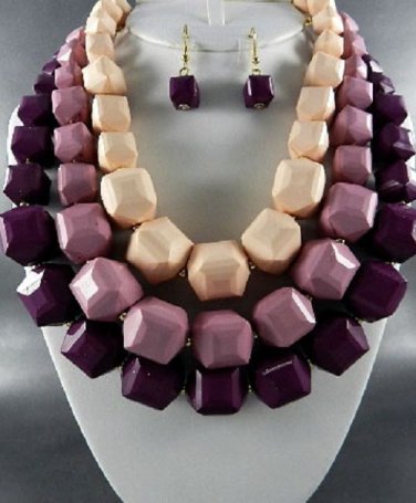 PURPLE BASE TRI TONE BEADS CHUNKY NECKLACE SET. 18"L - 4"EXTENDER