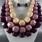 PURPLE BASE TRI TONE BEADS CHUNKY NECKLACE SET. 18"L - 4"EXTENDER