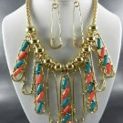 GOLD PLATED METAL DOUBLE TONE BEADS 'SAFETY PIN' PENDANT NECKLACE SET. 18"L - 3"
