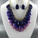 PURPLE MULTI TEAR DROP BEADS DANGLING NECKLACE SET. 17"L - 3".