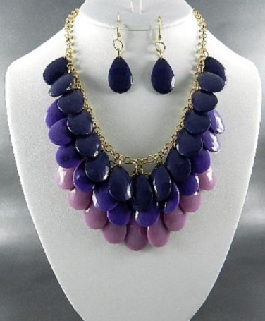 PURPLE MULTI TEAR DROP BEADS DANGLING NECKLACE SET. 17"L - 3".