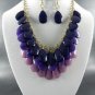 PURPLE MULTI TEAR DROP BEADS DANGLING NECKLACE SET. 17"L - 3".