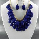 ROYAL BLUE MULTI TEAR DROP BEADS DANGLING NECKLACE SET. 17"L - 3".