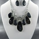 BLACK SILVER  METAL MARBLE LOOKING PENDANT NECKLACE SET. 17"L - 3"EXTENDER