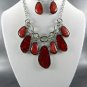 RED SILVER METAL MARBLE LOOKING PENDANT NECKLACE SET. 17"L - 3"EXTENDER