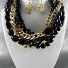 Nice GOLD PLATED METAL BRAID BLACK NECKLACE SET. 17"L - 4"EXTENDER-  EARRINGS