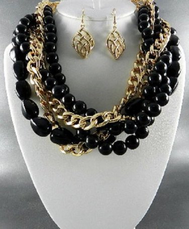 Nice GOLD PLATED METAL BRAID BLACK NECKLACE SET. 17"L - 4"EXTENDER-  EARRINGS