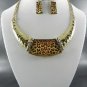 NiGOLD PLATE METAL STONE LEOPARD PENDANT NECKLACE SET. 17"L - 3"EXTEN EARRINGS