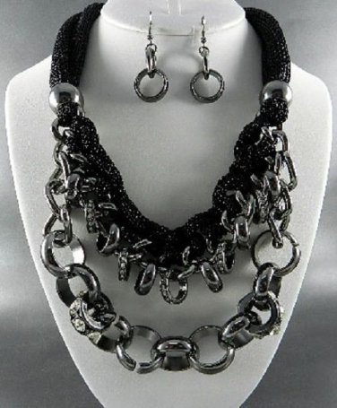 Nice F -METALLIC FABRIC BASE LINKED METAL NECKLACE SET.17"L - 4"EXT-  EARRINGS