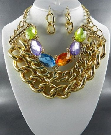 GOLD   DECO STONE CHAIN BASE CHOKER STYLE NECKLACE SET. 16"L EARRINGS Nice