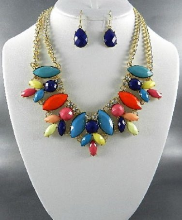 NiceGOLD  MULTI COLORS, BLUE or RED TONE BEADS NECKLACE SE with Earrings