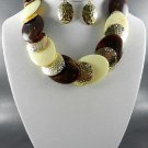 NiGOLD PLATED METAL DECO RHINESTONE DOUBLE TONE NECKLACE SET. Brown EX EARRINGS
