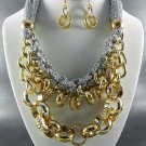 @H -METALLIC FABRIC BASE LINKED METAL NECKLACE SET.17"L - 4"EXT-  EARRINGS