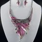 #Pink FASHION EPOXY METAL LEAF NECKLACE SET. 18"L W 4" Ext Earrings