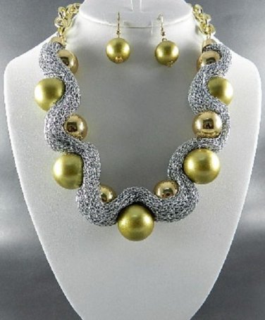 @GS METALLIC FABRIC BASE BALL NECKLACE SET. 17"L - 3"-  EARRINGS