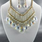 #PLATED METAL AB TEAR DROP STONE DANGLING NECKLACE SET 17"L - 3"EXTEND  EARRINGS