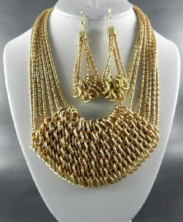 #MESH METAL GOLD STRING DOUBLE TONE  PENDANT NECKLACE SET. 18"L -  EARRINGS