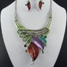 #Mixed Color EPOXY METAL LEAF NECKLACE SET. 18"L W 4" Ext Earrings