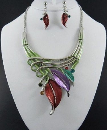 #Mixed Color EPOXY METAL LEAF NECKLACE SET. 18"L W 4" Ext Earrings