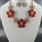 #RED Flowered Stone Necklace and Earrings  Pink or Cream or Red