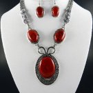 #Red Stone Necklace and Earring Set 18" L with  and Earrings