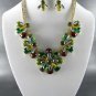 @Green GOLD PLATED METAL MULTI TONE FLORAL NECKLACE SET. 17"L  EARRINGS