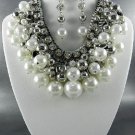 SILVER PLATED METAL MULTI PEARL DANGLING NECKLACE SET. 17"L - 3"EXTEND EARRINGS