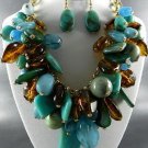 GOLD PLATED METAL BLUES TONE BEADS CHUNKY NECKLACE SET. 18"L - 4"EXTEN  EARRINGS